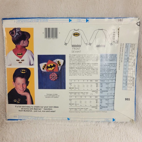 VTG Butterick 1989 BATMAN Iron-On Transfer Kids Sweatshirt Pattern #985✨️NIP - Picture 2 of 16